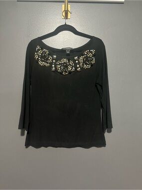 St. John Black Long Sleeve Top with Jewel and Pearl Neckline